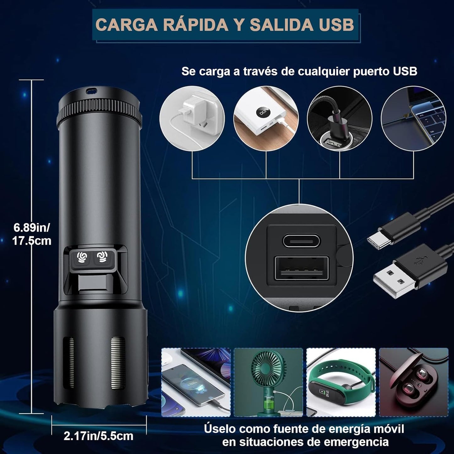 Linterna LED de Alta Potencia USB Recargable